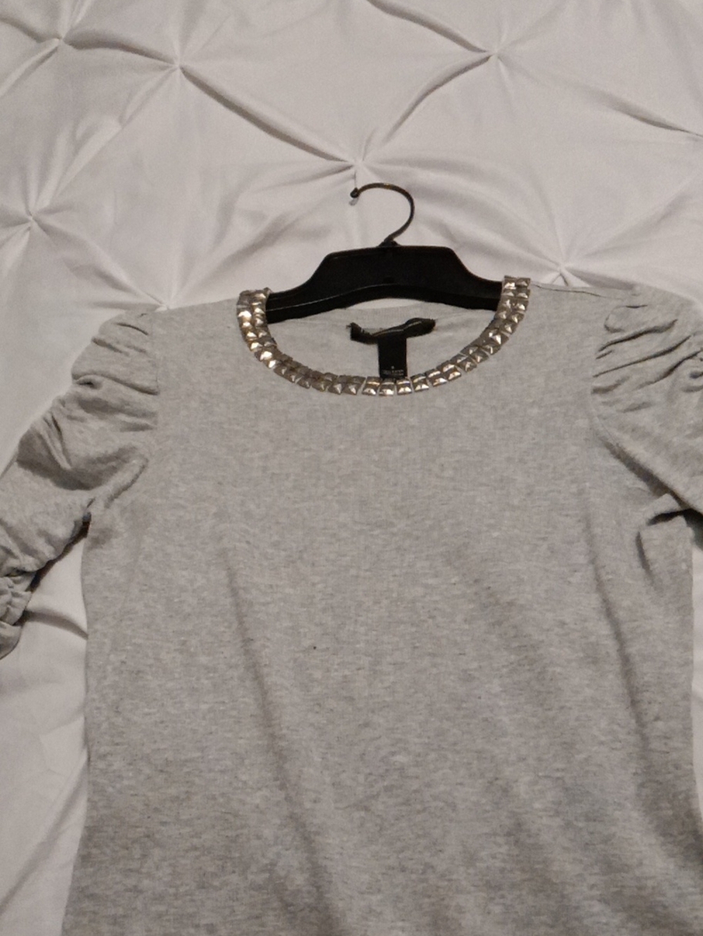 INC Light Gray Jeweled Crewneck Puff-Sleeve Ladies Top